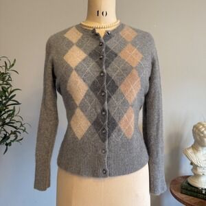 APT. 9 100% Cashmere Argyle Cardigan Gray Camel Button Front Womens M Crew Neck